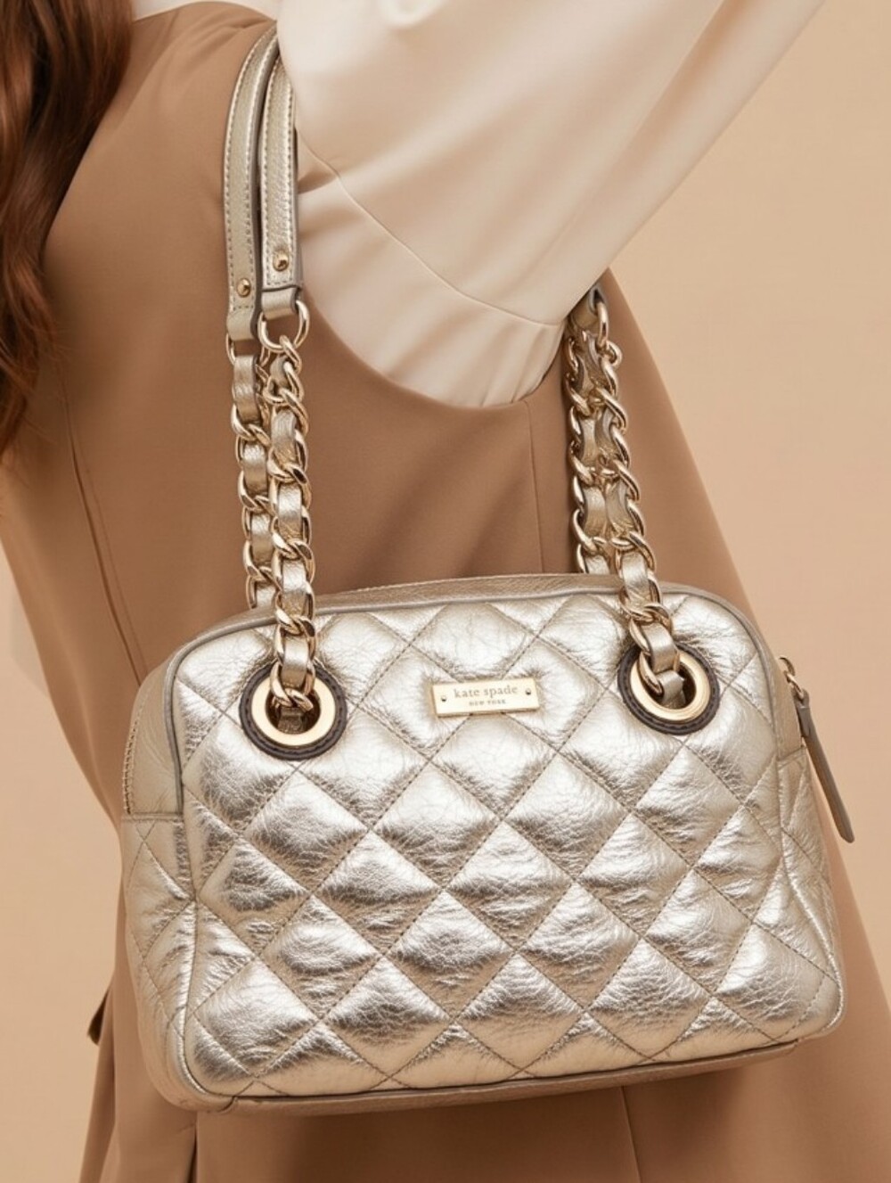Kate Spade Light Metalic Gold Quilted Leather Bag, Excellent Cond.10x8x5